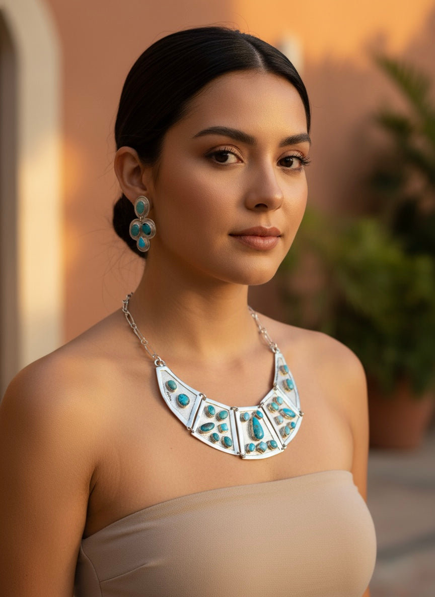 Set aretes y Collar pectoral plata con turquesa