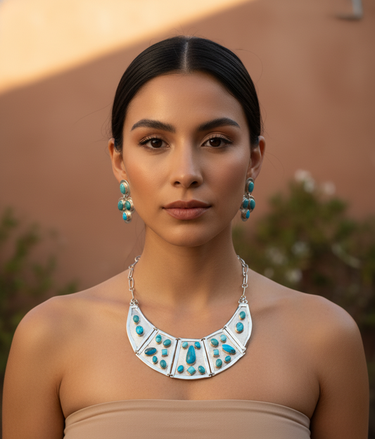 Set aretes y Collar pectoral plata con turquesa