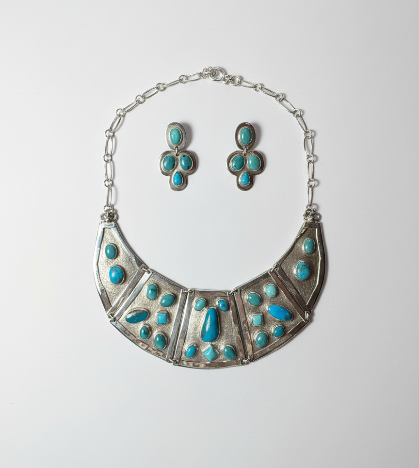 Set aretes y Collar pectoral plata con turquesa